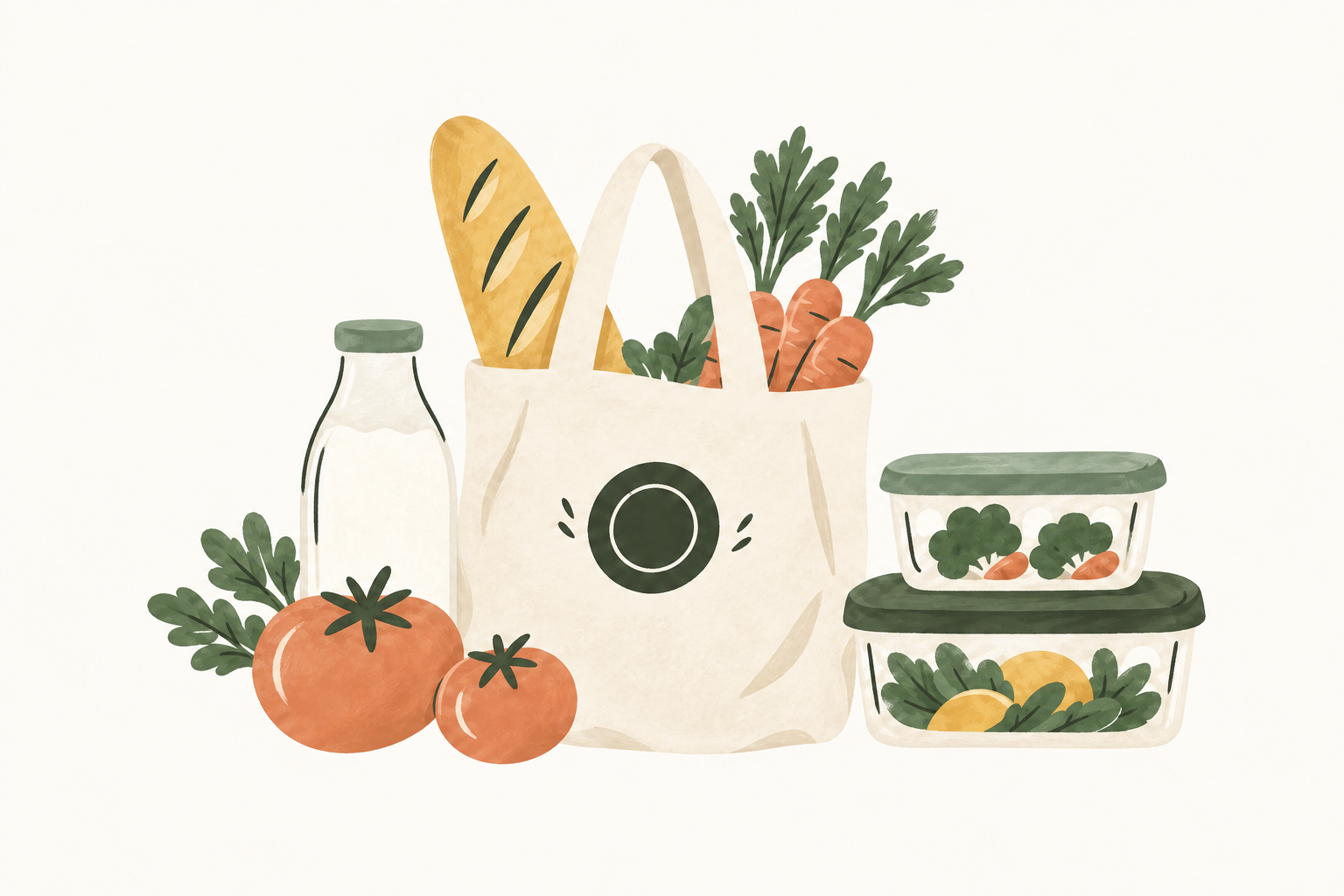 Ilustración de una bolsa de la compra y recipientes preparados